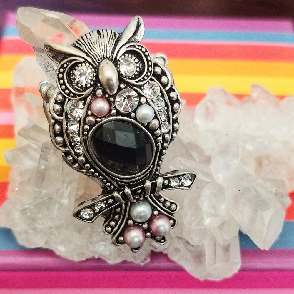 Rhinestone owl ring cocktail dinner stretchy fit